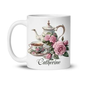 Elegant Tea Set Coffee Mug, Custom Name Floral Tea Cup Design Cup, Gift For Tea Lovers, Personalized Mug With Classic Victorian Style, Customized Ceramic Cup, White Mug 11oz 15oz