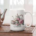 Elegant Tea Set Coffee Mug, Custom Name Floral Tea Cup Design Cup, Gift For Tea Lovers, Personalized Mug With Classic Victorian Style, Customized Ceramic Cup, White Mug 11oz 15oz
