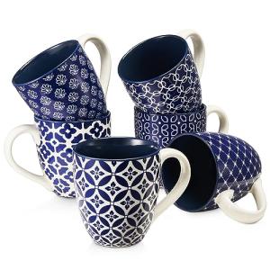 DOWAN Coffee Mugs Set of 6, 16 oz Large Porcelain Coffee Cups with Handle for Coffee Tea and Cocoa, Ceramic Coffee Mug for Women Men, Housewarming Wedding Gift, Vintage Blue