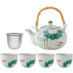 Old Craftsmen's Tea Pot Japanese Tea Kettle and Cups Set with Removable Loose Tea Leaf Infuser - 1 Porcelain Teapot (22oz) with Bamboo Handle and Stainless Steel Strainer, 4 Teacups (5oz) Lotus Koi