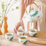 Old Craftsmen's Tea Pot Japanese Tea Kettle and Cups Set with Removable Loose Tea Leaf Infuser - 1 Porcelain Teapot (22oz) with Bamboo Handle and Stainless Steel Strainer, 4 Teacups (5oz) Lotus Koi