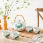 Old Craftsmen's Tea Pot Japanese Tea Kettle and Cups Set with Removable Loose Tea Leaf Infuser - 1 Porcelain Teapot (22oz) with Bamboo Handle and Stainless Steel Strainer, 4 Teacups (5oz) Lotus Koi