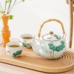 Old Craftsmen's Tea Pot Japanese Tea Kettle and Cups Set with Removable Loose Tea Leaf Infuser - 1 Porcelain Teapot (22oz) with Bamboo Handle and Stainless Steel Strainer, 4 Teacups (5oz) Lotus Koi