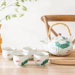Old Craftsmen's Tea Pot Japanese Tea Kettle and Cups Set with Removable Loose Tea Leaf Infuser - 1 Porcelain Teapot (22oz) with Bamboo Handle and Stainless Steel Strainer, 4 Teacups (5oz) Lotus Koi