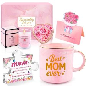 Birthday Gifts for Mom from Daughter, Cute Christmas Mothers Day Gifts for Women after Birth with 12 Oz Pink Coffee Mug Acrylic Plaque Sign Floral Greeting Card