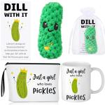 Nuogo 5 Pcs Bulk Inspirational Gifts Pickle Makeup Bag Crochet Coffee Mug with Card Funny Gifts for Pickle Lovers Employee Coworker Students Friends Women Teacher Birthday Baby Shower