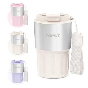 TOURIT 16 oz Travel Coffee Mug Spill-Proof, Insulated Stainless Steel Coffee Mug with Lid & Silicone Sea, Double Wall Vacuum Travel Coffee Tumblers, Cup Holder Friendly Reusable Thermos- Cream