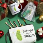 Nuogo 5 Pcs Bulk Inspirational Gifts Pickle Makeup Bag Crochet Coffee Mug with Card Funny Gifts for Pickle Lovers Employee Coworker Students Friends Women Teacher Birthday Baby Shower