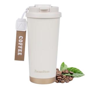 ZaoanHom Insulated Coffee Mug with Ceramic Coating, 18 oz Ceramic Lined Travel Coffee Mug with Leakproof Lid, Double Wall Stainless Steel Hot ＆ Cold Drinking Cup for Office Camping Travel, White
