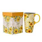 Topadorn Coffee Ceramic Mug Porcelain Latte Tea Cup With Lid in Present Box 17oz Sunflowers