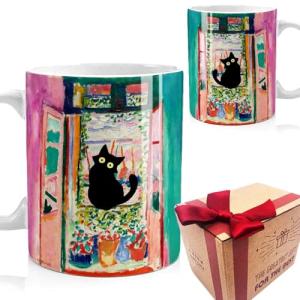 Famous Art Paintings Funny Cat Coffee Mug for Artist Art Lover Art Teacher Cat Lovers, Famous Art Picture Classic Art Vincent Art Aesthetic Canvas Mug Birthday Gift for Women Man (Open Window)