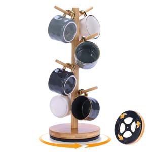 Krispmaild Mug Holder Tree, Upgraded 360° Rotated 8 Hooks Coffee Mug Holders for Counter, Bamboo Mug Rack Stand for Coffee Bar Accessories