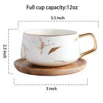 LUCCK 12oz Ceramic Marble Tea Cup with Wooden Saucer Ceramic Coffee Cup Cappuccino Cup Luxury Gold Inlay Fashion Marble Pattern for Women(White)