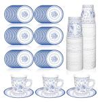 Whaline 80Pcs Blue White Floral Paper Tea Cups and Saucers Porcelain Chinoiserie Flower 9oz Disposable Teacups with Handle and Dessert Plates for Wedding Princess Baby Shower Birthday Spring Tea Party