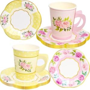 ceiba tree Tea Cups and Saucers with Handle Paper Disposable Tea Party Garden Spring Floral Decorations 24 Sets for Girls Women Flower Birthday Baby Shower Wedding Party Supplies Favors