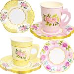 ceiba tree Tea Cups and Saucers with Handle Paper Disposable Tea Party Garden Spring Floral Decorations 24 Sets for Girls Women Flower Birthday Baby Shower Wedding Party Supplies Favors