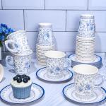 Whaline 80Pcs Blue White Floral Paper Tea Cups and Saucers Porcelain Chinoiserie Flower 9oz Disposable Teacups with Handle and Dessert Plates for Wedding Princess Baby Shower Birthday Spring Tea Party