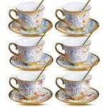 8 OZ Tea Cups and Saucers, 18 PCS Ceramic Vintage Tea Cups Set of 6, Blue Floral Cup Bulk for Cappuccino Coffee Espresso Lattes Afternoon Tea Housewarming Party Supply Thanksgiving Christmas Gifts