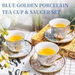 8 OZ Tea Cups and Saucers, 18 PCS Ceramic Vintage Tea Cups Set of 6, Blue Floral Cup Bulk for Cappuccino Coffee Espresso Lattes Afternoon Tea Housewarming Party Supply Thanksgiving Christmas Gifts