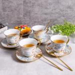 8 OZ Tea Cups and Saucers, 18 PCS Ceramic Vintage Tea Cups Set of 6, Blue Floral Cup Bulk for Cappuccino Coffee Espresso Lattes Afternoon Tea Housewarming Party Supply Thanksgiving Christmas Gifts