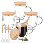 Ulrikco 4 Pack Double Walled Glass Coffee Mugs with Bamboo Lid/Spoon, Insulated Coffee Cups with Handle, Cappuccino Latte Glasses Cup, Clear Glass Mugs for Hot Drinks Tea Milk Juice Ice Cream (350ml)