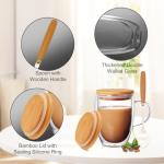 Ulrikco 4 Pack Double Walled Glass Coffee Mugs with Bamboo Lid/Spoon, Insulated Coffee Cups with Handle, Cappuccino Latte Glasses Cup, Clear Glass Mugs for Hot Drinks Tea Milk Juice Ice Cream (350ml)