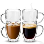 Set of 4 Double Walled Glass Coffee Mugs with Handles, 12oz Clear Coffee Mugs for Hot/Cold Beverages, Insulated Borosilicate Glass Cups for Cappuccino, Espresso, Latte, Tea, Milk, Microwave Safe