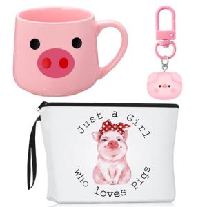 Dansydaisy 3 Pcs Cow Pig Lovers Gifts for Women Funny Travel Makeup Bag Portable Cosmetic Bag Cute Coffee Mug 11.8 oz Stainless Steel Keychain for Women Graduation Animal Lovers Gifts(Pig Style)