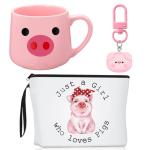 Dansydaisy 3 Pcs Cow Pig Lovers Gifts for Women Funny Travel Makeup Bag Portable Cosmetic Bag Cute Coffee Mug 11.8 oz Stainless Steel Keychain for Women Graduation Animal Lovers Gifts(Pig Style)