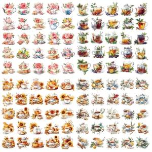 Humyoun 300 Pcs Seasonal Tea Cup Stickers Rustic Mini Teacup Stickers Tea Time Party Favors Aesthetic Waterproof Vinyl Decals Pack for Water Bottles Scrapbooking Laptop Luggage Phone Skateboard