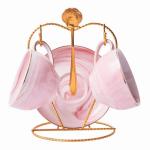 ZPGXLRZ Ceramic Espresso Cups Set with Saucers and Metal Stand, 4 oz Porcelain Stackable Cappuccino Cups Teacup For Tea, Espresso, Latte, Coffee, Cafe Mocha (Pink