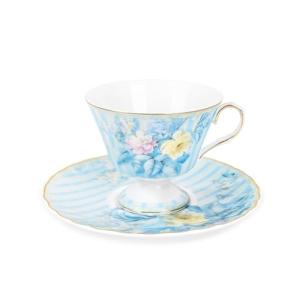 fanquare Vintage Blue Striped Tea Cup and Saucer, Hydrangea Flower Coffee Mug, Retro Floral Tea Cup Sets for Tea Party, 5oz
