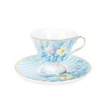 fanquare Vintage Blue Striped Tea Cup and Saucer, Hydrangea Flower Coffee Mug, Retro Floral Tea Cup Sets for Tea Party, 5oz