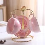 ZPGXLRZ Ceramic Espresso Cups Set with Saucers and Metal Stand, 4 oz Porcelain Stackable Cappuccino Cups Teacup For Tea, Espresso, Latte, Coffee, Cafe Mocha (Pink
