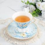 fanquare Vintage Blue Striped Tea Cup and Saucer, Hydrangea Flower Coffee Mug, Retro Floral Tea Cup Sets for Tea Party, 5oz