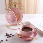 ZPGXLRZ Ceramic Espresso Cups Set with Saucers and Metal Stand, 4 oz Porcelain Stackable Cappuccino Cups Teacup For Tea, Espresso, Latte, Coffee, Cafe Mocha (Pink