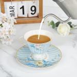 fanquare Vintage Blue Striped Tea Cup and Saucer, Hydrangea Flower Coffee Mug, Retro Floral Tea Cup Sets for Tea Party, 5oz