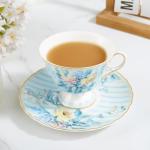 fanquare Vintage Blue Striped Tea Cup and Saucer, Hydrangea Flower Coffee Mug, Retro Floral Tea Cup Sets for Tea Party, 5oz