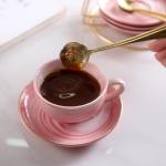 ZPGXLRZ Ceramic Espresso Cups Set with Saucers and Metal Stand, 4 oz Porcelain Stackable Cappuccino Cups Teacup For Tea, Espresso, Latte, Coffee, Cafe Mocha (Pink