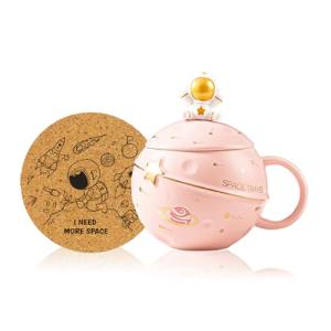 Yalucky Kawaii Astronaut Cup Space Embossed Planet Mug, Cute Ceramic Coffee Mug, Novelty Mug with Lid and Spoon for Coffee, Tea, Milk, Aesthetic Room Decor Funny Gift for Girl Boy Women((Pink)