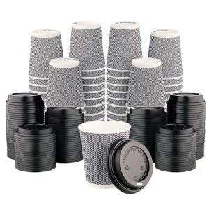 [600 SET]Harvest Pack 8 oz Disposable Coffee Cups, Insulated Ripple Double-Walled Paper Cup with Lid, Black and White Geometric, Tea Hot Chocolate Drinks To go coffee cups