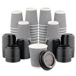 [600 SET]Harvest Pack 8 oz Disposable Coffee Cups, Insulated Ripple Double-Walled Paper Cup with Lid, Black and White Geometric, Tea Hot Chocolate Drinks To go coffee cups