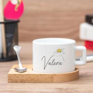 3 pcs Personalized Tea Cup with Wooden Saucer and Heart Spoon - 6oz Custom Coffee Mug - Custom Name Tea Cup and Saucer Set - Alphabet Tea Cup - Initial Ceramic Mug with Wooden Base