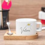 3 pcs Personalized Tea Cup with Wooden Saucer and Heart Spoon - 6oz Custom Coffee Mug - Custom Name Tea Cup and Saucer Set - Alphabet Tea Cup - Initial Ceramic Mug with Wooden Base