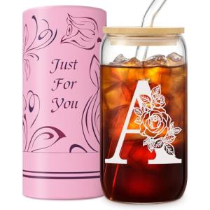 Monogrammed Gifts for Women, Personalized Gifts for Her Mom, Glass Cup with Bamboo Lids and Straws 16 oz, Iced Coffee Cup, Tea Cup, Cute Aesthetics custom Tumbler Cup, Mothers Day, Birthday Gifts - A