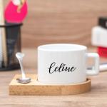 3 pcs Personalized Tea Cup with Wooden Saucer and Heart Spoon - 6oz Custom Coffee Mug - Custom Name Tea Cup and Saucer Set - Alphabet Tea Cup - Initial Ceramic Mug with Wooden Base