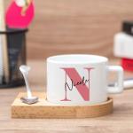 3 pcs Personalized Tea Cup with Wooden Saucer and Heart Spoon - 6oz Custom Coffee Mug - Custom Name Tea Cup and Saucer Set - Alphabet Tea Cup - Initial Ceramic Mug with Wooden Base