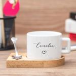 3 pcs Personalized Tea Cup with Wooden Saucer and Heart Spoon - 6oz Custom Coffee Mug - Custom Name Tea Cup and Saucer Set - Alphabet Tea Cup - Initial Ceramic Mug with Wooden Base