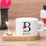 3 pcs Personalized Tea Cup with Wooden Saucer and Heart Spoon - 6oz Custom Coffee Mug - Custom Name Tea Cup and Saucer Set - Alphabet Tea Cup - Initial Ceramic Mug with Wooden Base