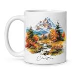 Autumn Mountain Landscape Ceramic Cup, Custom Nature Inspired Mug, Personalized Fall Scenery Coffee Mug For Friend Coworker, Gift For Nature Lovers, Customized Name White Cup 11oz